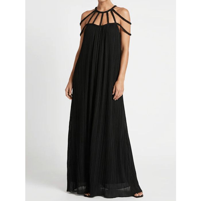 Resort Cage Neck Braided Wrap Tie Cutout Back Pleated Maxi Dress