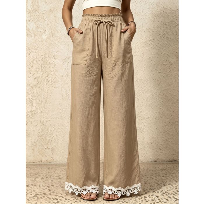 Relaxed Front Tie High Waist Pocket Lace Wide Leg Resort Pants