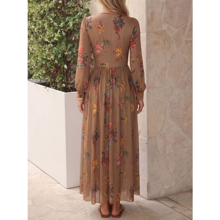 Vintage V-Neck Bishop Sleeve Fit and Flare Resort Floral Maxi Dress