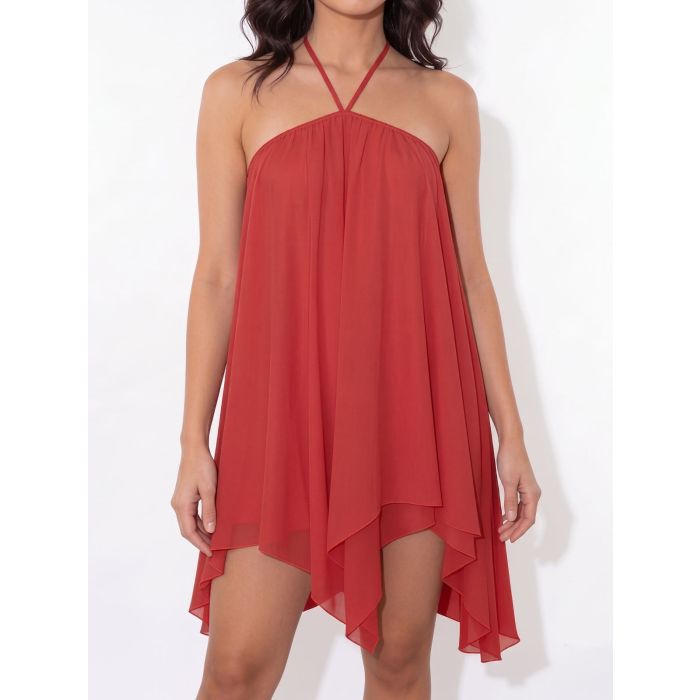 Flowy Halter Tie Open Back Resort a Line Layered Chiffon Mini Dress