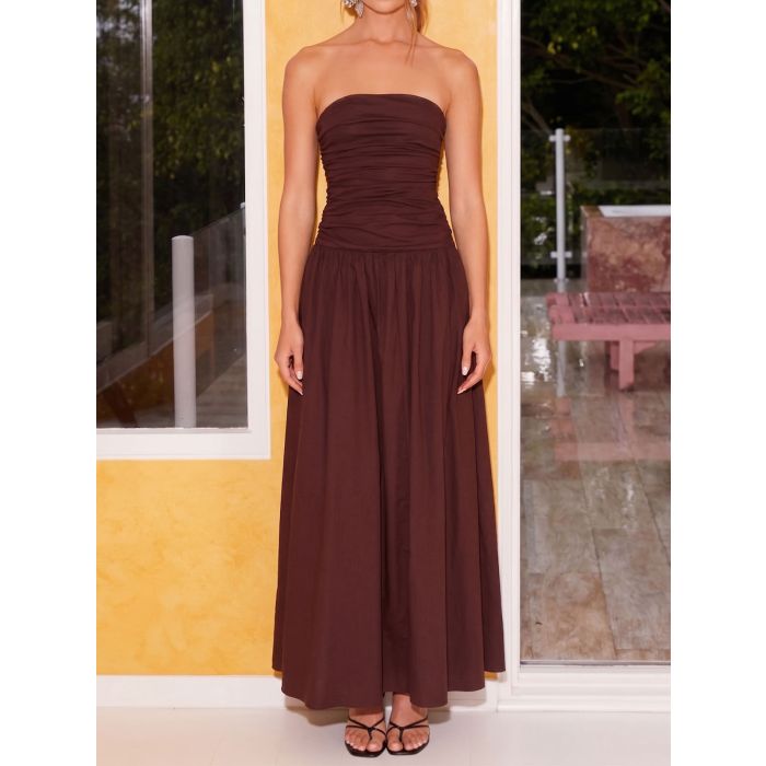 Breezy Ruched Strapless Drop Waist Resort Fit Flare Maxi Dress