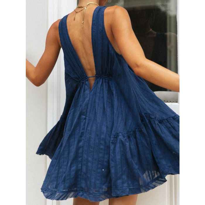 Flowy Deep V Tie Waist Vertical Stripe Resort Babydoll Mini Sundress