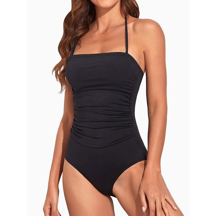 Classic Solid Color Ruched Moderate Bandeau One-Piece Swimsuit