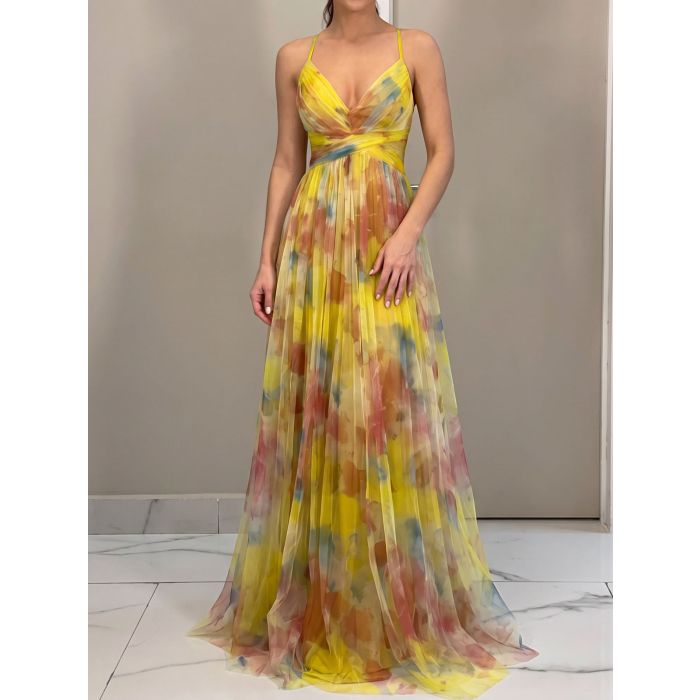 Flowy V-Neck Watercolor Floral Mesh Sleeveless Wrap Cutout Maxi Dre…