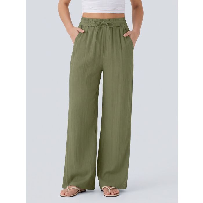 Casual Drawstring Tie High Waist Pocket Resort Wide Leg Pants