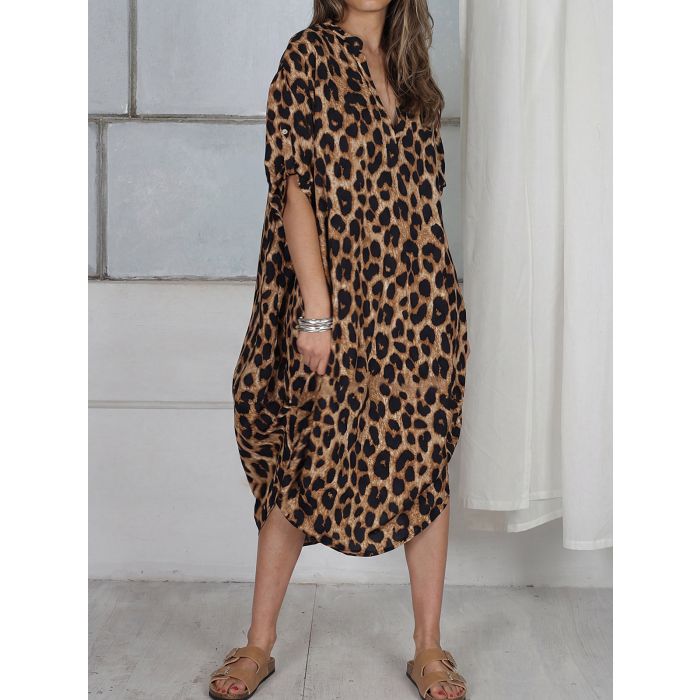 Leopard V-Neck Tab Sleeve Oversize Midi Beach Cover-Up