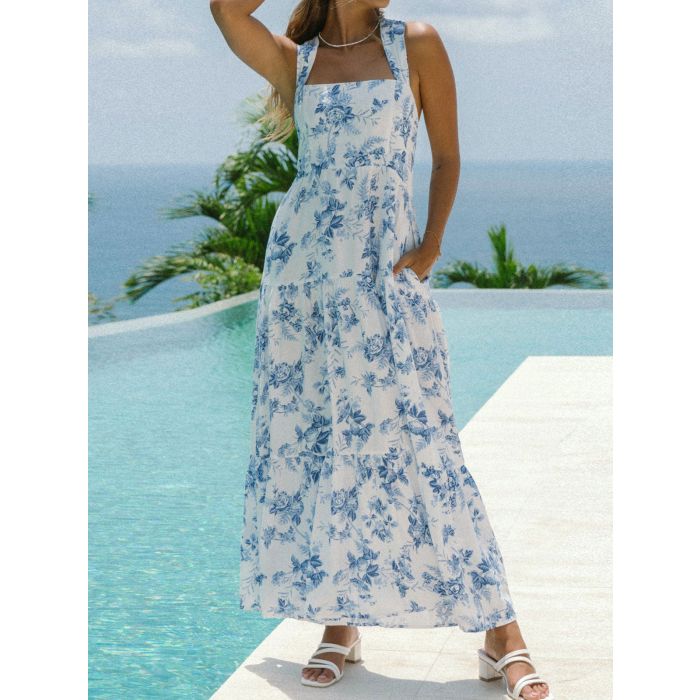 Relaxed Floral Square Neck Pocket Resort Tiered Maxi Sundress