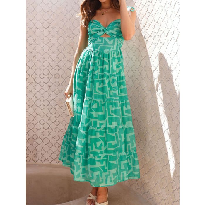 Geometric Twist Sweetheart Resort Ruffle Tiered Midi Sundress