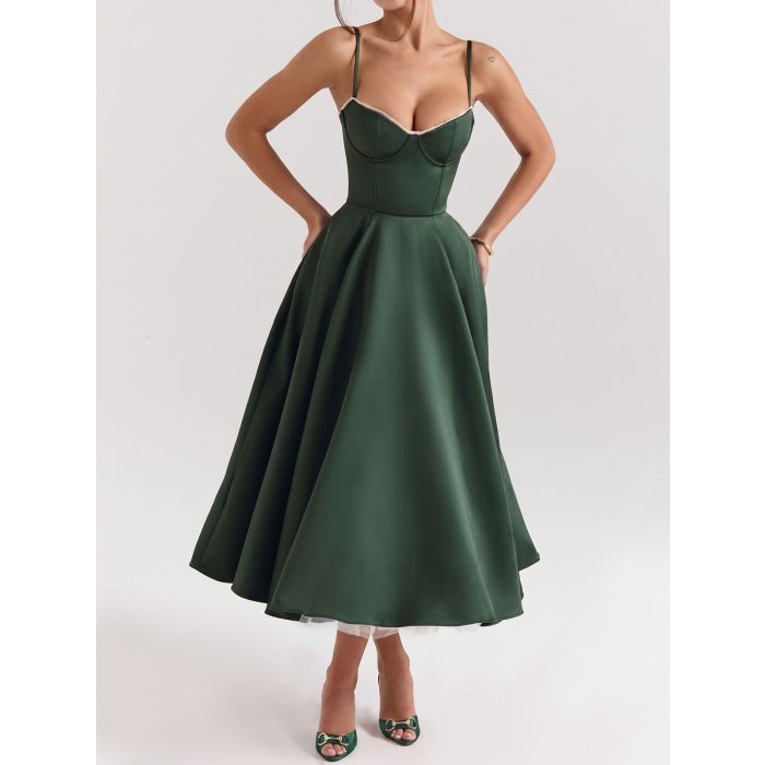 Elegant Sweetheart Fit Flare Tulle Layer Resort Satin Slip Midi Dre…