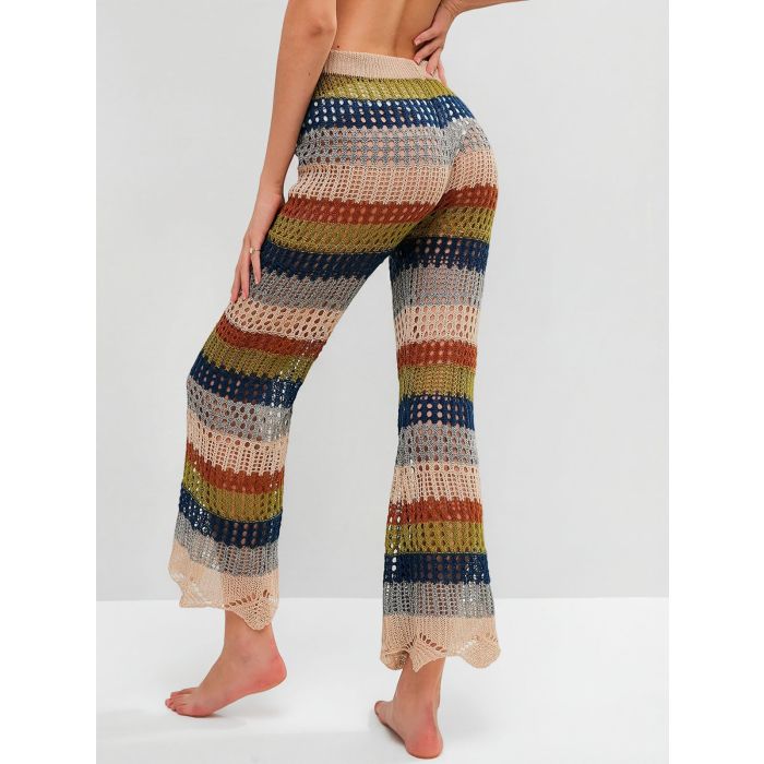 Sunset Striped Tie Waist Flare Leg Beach Crochet Knit Cover-Up Pants