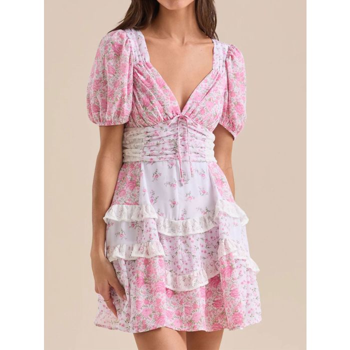 Retro Floral Puff Sleeve Pleated Resort Lace Tiered Ruffle Mini Dre…