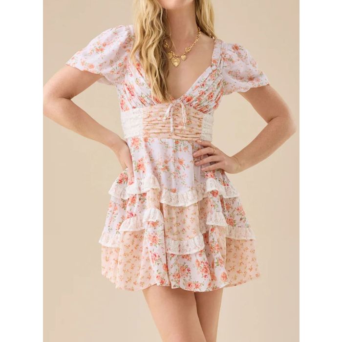 Retro Floral Puff Sleeve Pleated Resort Lace Tiered Ruffle Mini Dre…