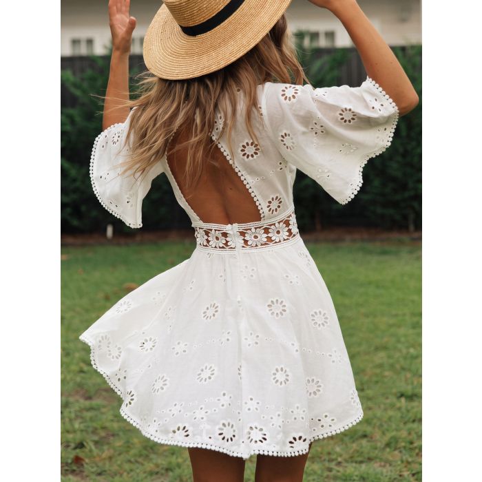 Resort Flutter Sleeve Cutout Back Fit Flare Eyelet Floral Mini Dress