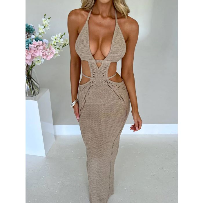 Flattering Plunge Halter Tie Backless Cutout Beach Crochet Knit Max…