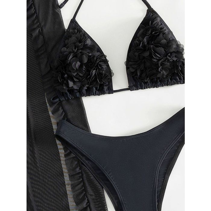 3D Flower Halter High-Cut Slit Ruffle Cover-Up Three Piece Bikini S…