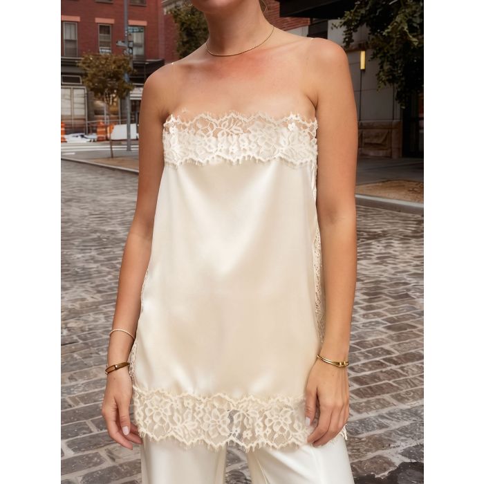 Feminine Floral Lace Strapless Side Slit Resort Longline Satin Top