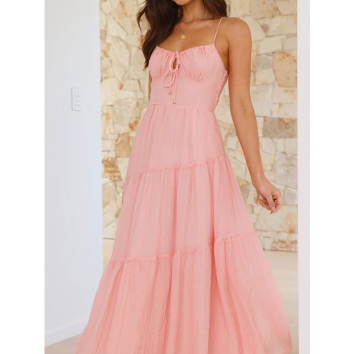 Relaxed Tie Neck Smocked Back Resort Crochet Tiered Midi Sundress
