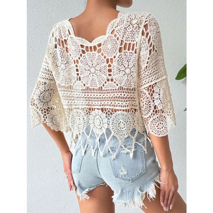Relaxed Scalloped Neck Elbow Sleeve Fringe Crochet Knit Cover-Up Top