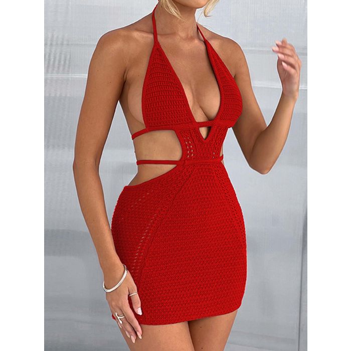 Flattering Plunge Halter Tie Backless Cutout Beach Crochet Knit Min…
