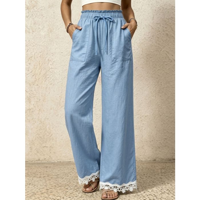 Relaxed Front Tie High Waist Pocket Lace Wide Leg Resort Pants