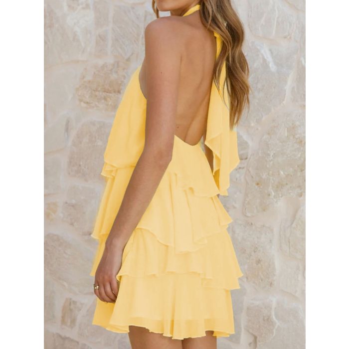 Romantic Flower Halter Neck Backless Resort Tiered Mini Dress