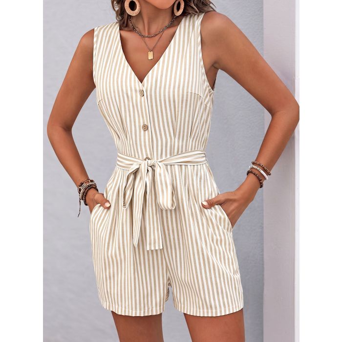 Casual Contrast Striped V-Neck Button Up Belted Resort Wide Leg Rom…