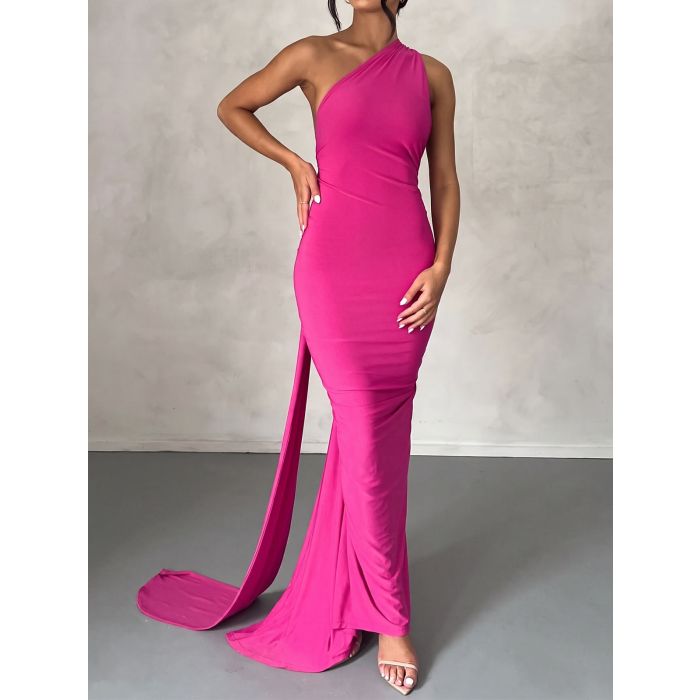 Flattering Backless Draped O Ring One Shoulder Ruched Fishtail Maxi…
