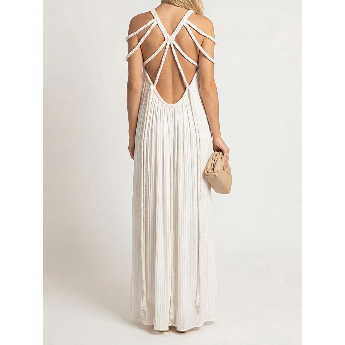 Resort Cage Neck Braided Wrap Tie Cutout Back Pleated Maxi Dress