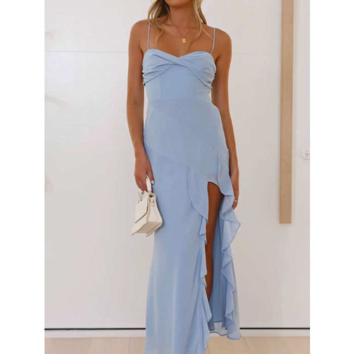 Pretty Twist Sweetheart Resort High Split Ruffle Chiffon Slip Midi…