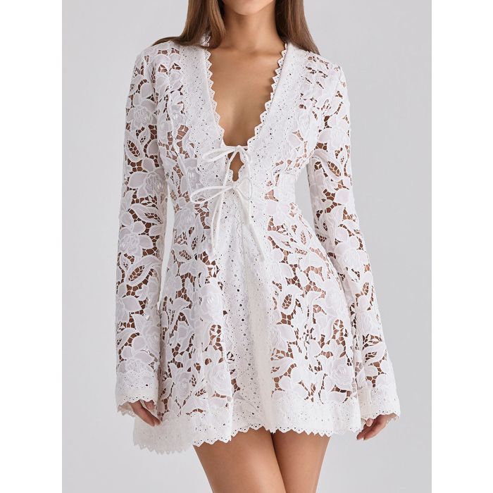 Relaxed Scalloped V-Neck Bow Tie Long Sleeve Cutwork Lace Mini Dress