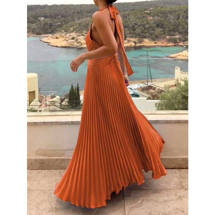 Elegant Plunge Halter Twisted Waist Open Back Resort Pleated Maxi D…