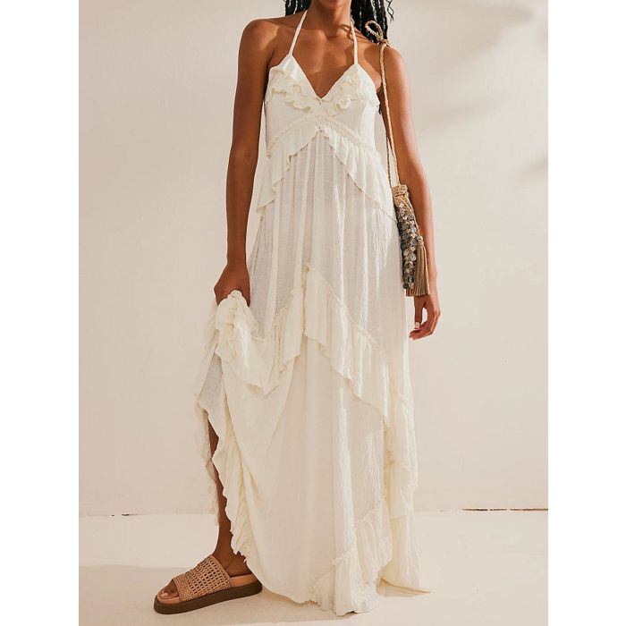 Relaxed Halter Tie Back Tiered Ruffle Resort Crinkled Babydoll Maxi…