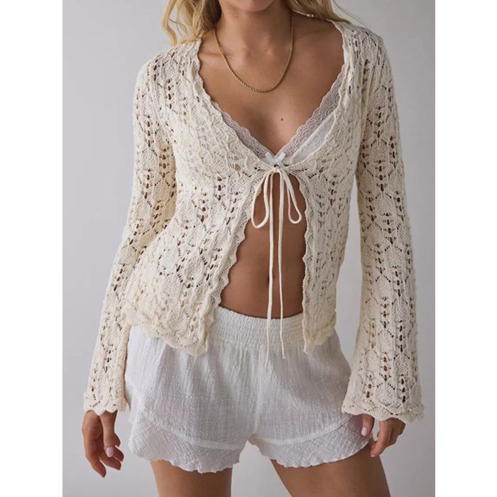 Playful Tie Front Flared Sleeve Resort Floral Crochet Knit Cardigan
