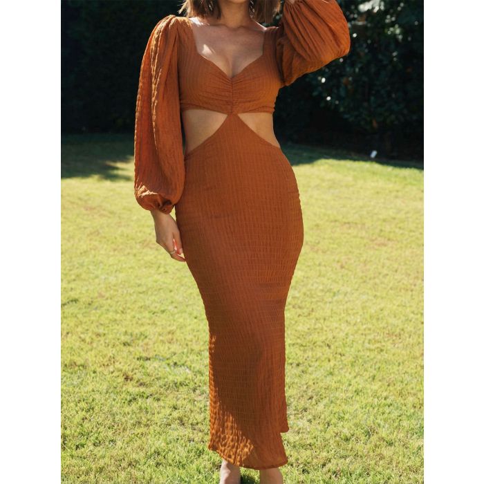Vintage Sweetheart Balloon Sleeve Tie Back Resort Cutout Midi Dress
