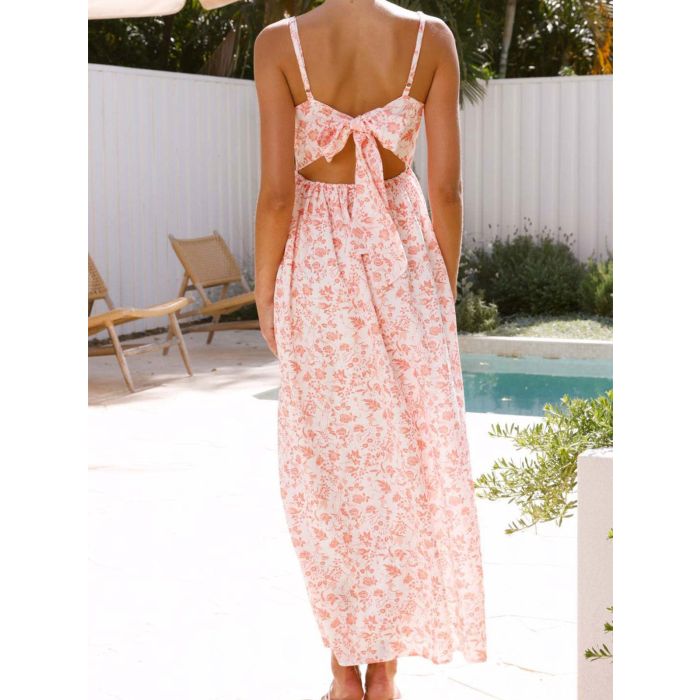 Playful Bow Tie V-Neck Drop Waist Resort Floral Slip Midi Dress