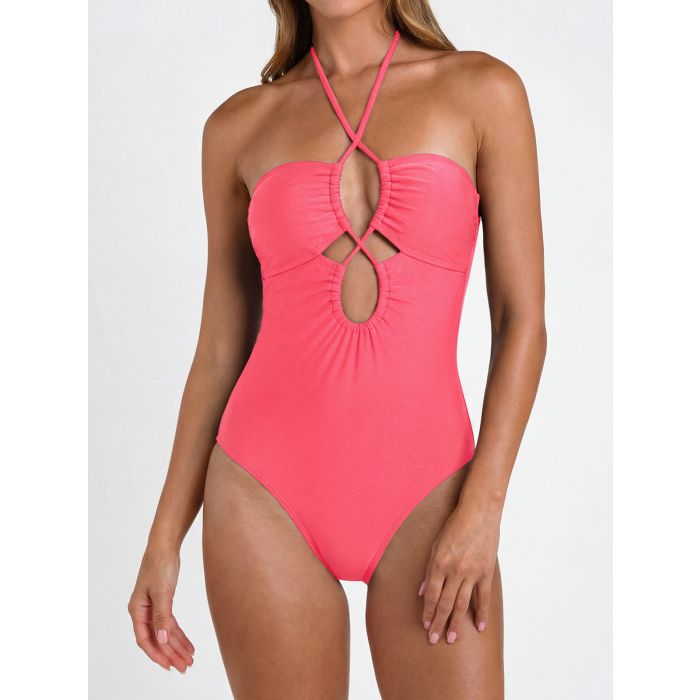 Chic Cutout Front Ruched Criss Cross Halter One-Piece Swimsuit
