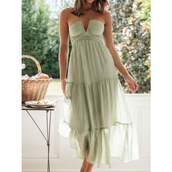 Flowy Halter Deep V Ruched Empire Waist Resort Tiered Maxi Dress