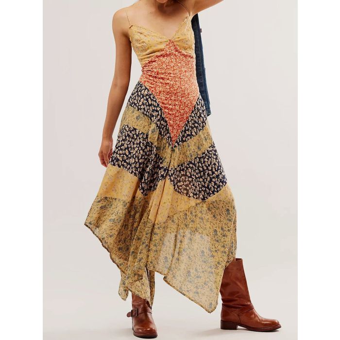 Relaxed Chic V-Neck Tie Back Resort Floral Patchwork Slip Maxi Dress