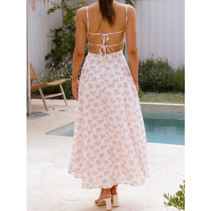 Flattering Ruched Sweetheart Tie Back Resort Floral Slip Midi Dress