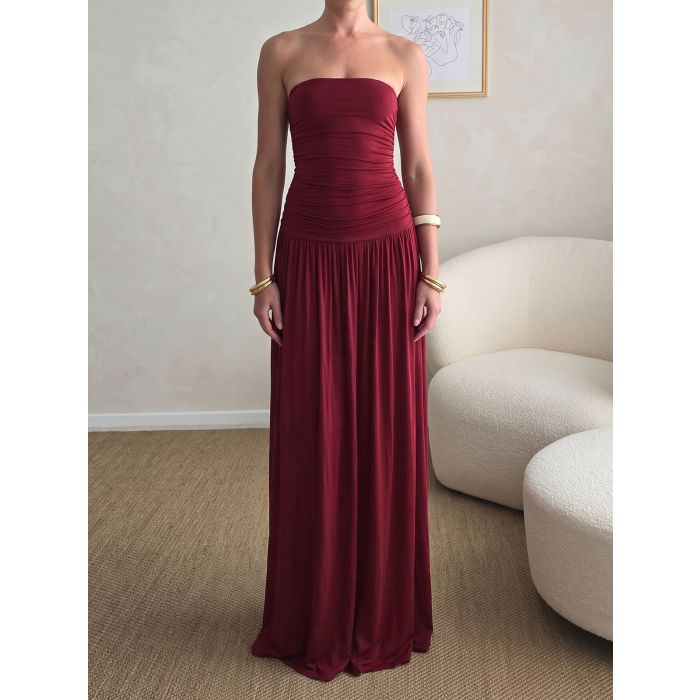 Minimalist Solid Color Strapless Resort Drop Waist Ruched Maxi Dress
