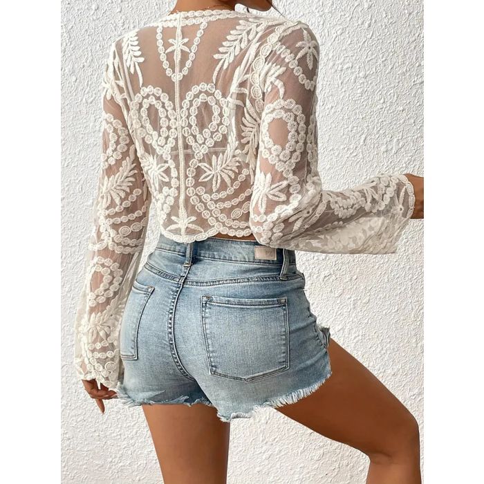 Exquisite Tie Front Sleeved Embroidered Lace Beach Crop Cover-Up