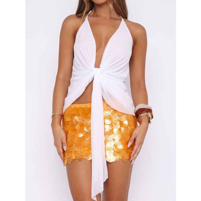 Flowy Sash Knotted Ruched Deep V Halter Tie Resort Crop Mesh Top