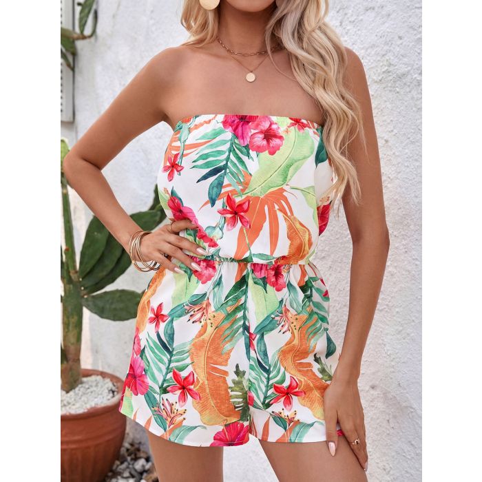 Tropical Floral Ruched Resort Strapless Romper