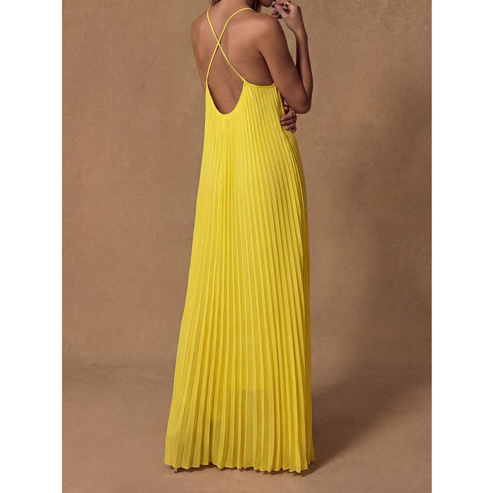 Flowy V-Neck Spaghetti Strap a Line Resort Pleated Slip Maxi Dress