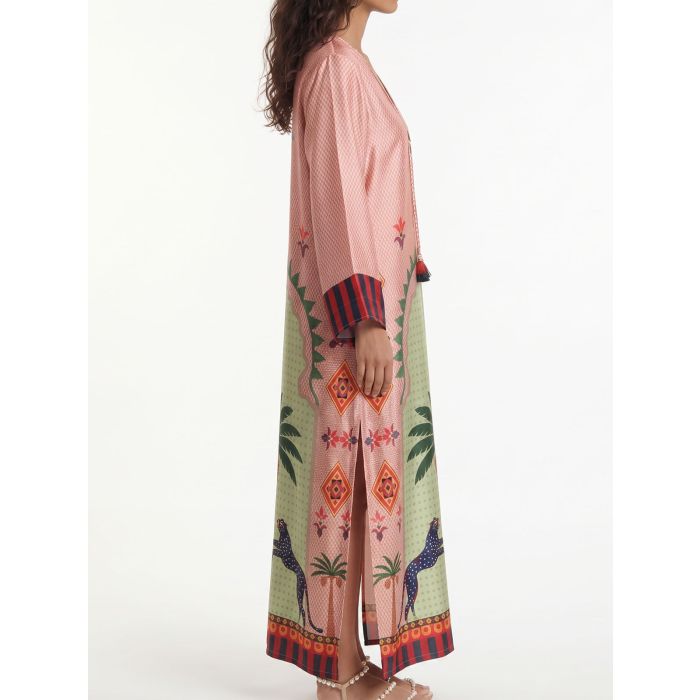 Tropical Palm V-Neck Wide Sleeve Resort Slit Satin Kaftan Maxi Dress