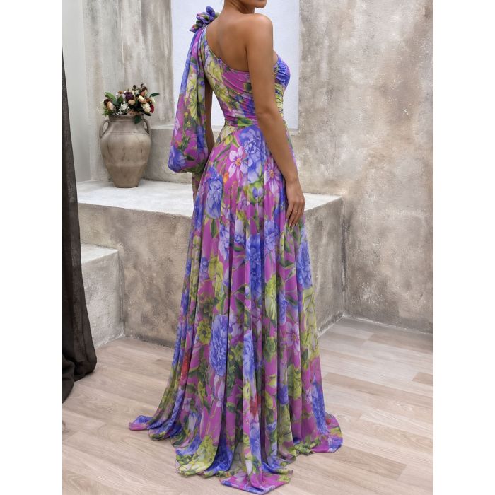 Colorful 3D Flower One Shoulder Long Sleeve Slit Ruched Maxi Dress