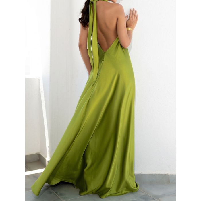 Flowy O Ring Halter Tie Backless Oversized Resort Satin Maxi Dress