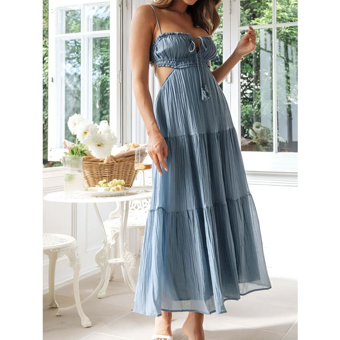 Flattering Ruffle Tie Neck Cutout Resort Crinkled Tiered Midi Sundr…