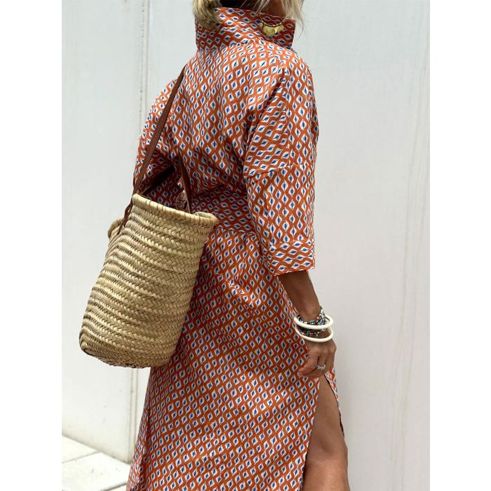 Resort Collared Button Down Half Sleeve Slit Printed Shirt Midi Dre…