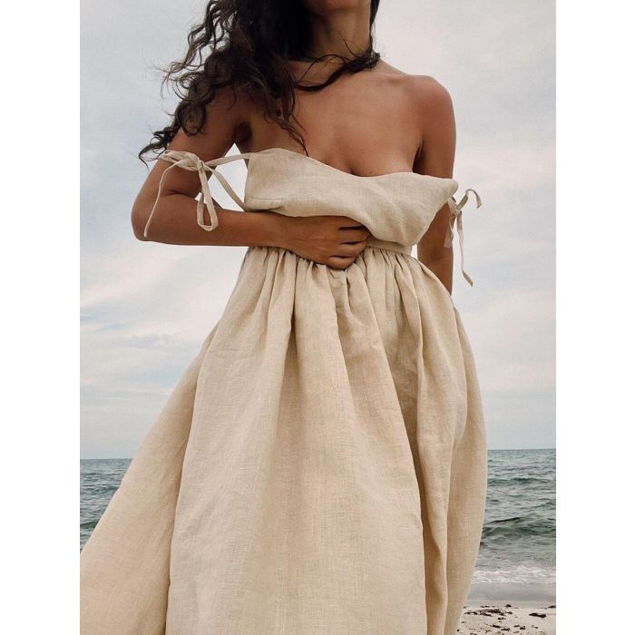 Flattering Backless V-Neck Tie Shoulder Resort Linen Slip Maxi Dress